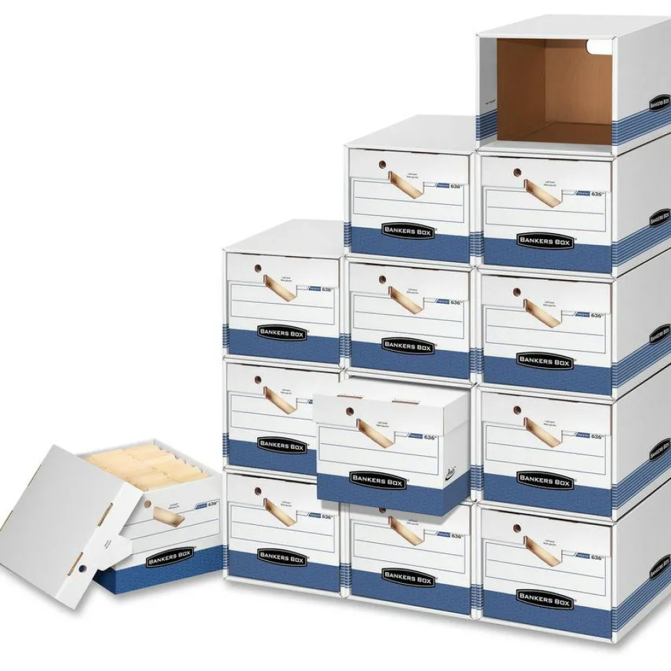 Bankers Box Presto Heavy-Duty Storage Boxes, Letter Size, 24" x 12" x 10", White/Blue, Case Of 12 - 0063610