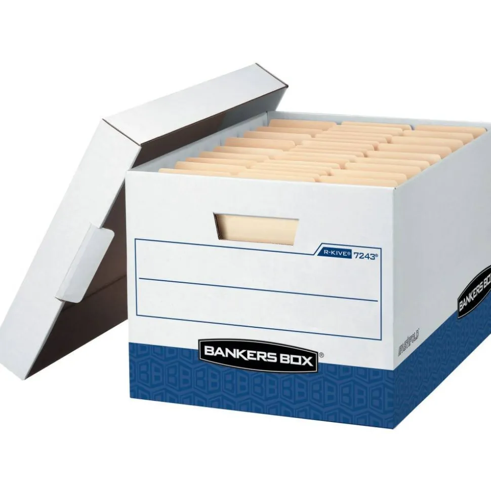 Bankers Box R Kive Heavy-Duty Storage Boxes With Locking Lift-Off Lids And Built-In Handles, Letter/Legal Size, 10" x 12" x 15" Liters, 50% Recycled, White/Blue, 20Pk