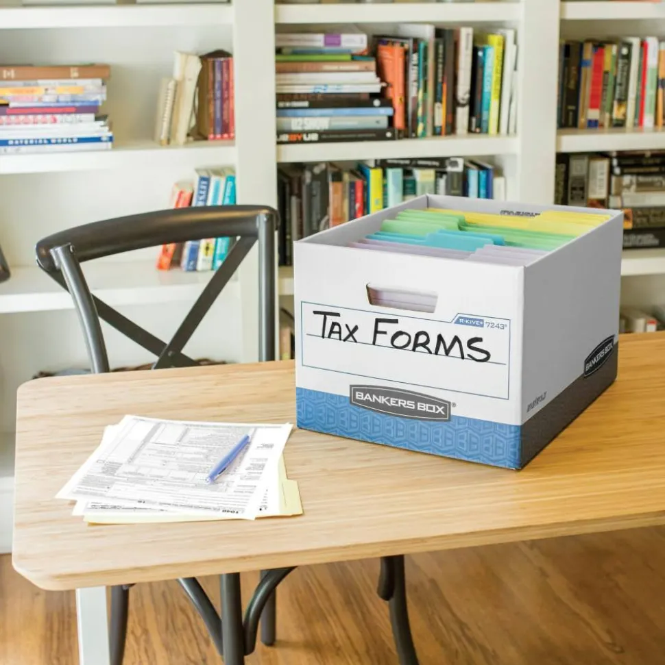 Bankers Box R Kive Heavy-Duty Storage Boxes With Locking Lift-Off Lids And Built-In Handles, Letter/Legal Size, 10" x 12" x 15" Liters, 50% Recycled, White/Blue, 20Pk