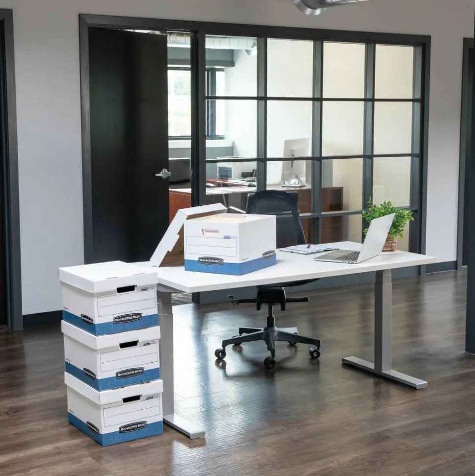 Bankers Box Stor/File Medium-Duty Storage Boxes, Letter/Legal Size, 15“ x 12" x 10", White/Blue, Case Of 4 - 78907