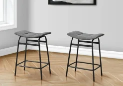 Barstool, Counter Height, Set Of 2, Kitchen, Grey Fabric, Black Metal, Contemporary, Modern