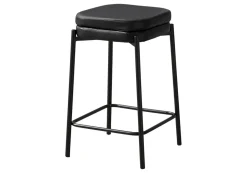 Barstool, Counter Height, Set Of 2, Kitchen, Black Leather Look, Black Metal, Contemporary, Modern