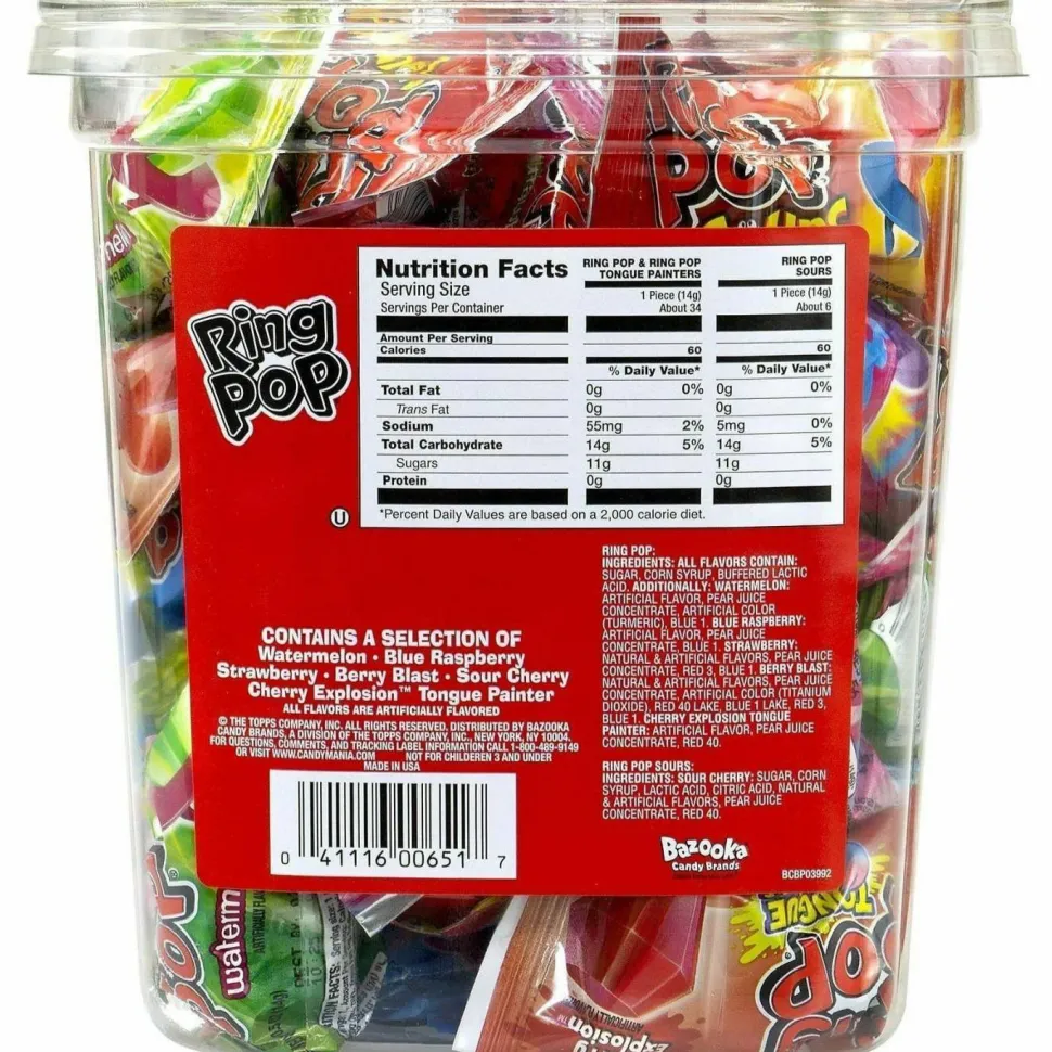 Bazooka Ring Pop Lollipops, Assorted Flavors, 0.5 oz, 40 Piece Tub