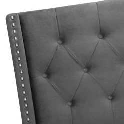 Bed, Queen Size, Bedroom, Frame, Upholstered, Grey Velvet, Chrome Trim, Transitional
