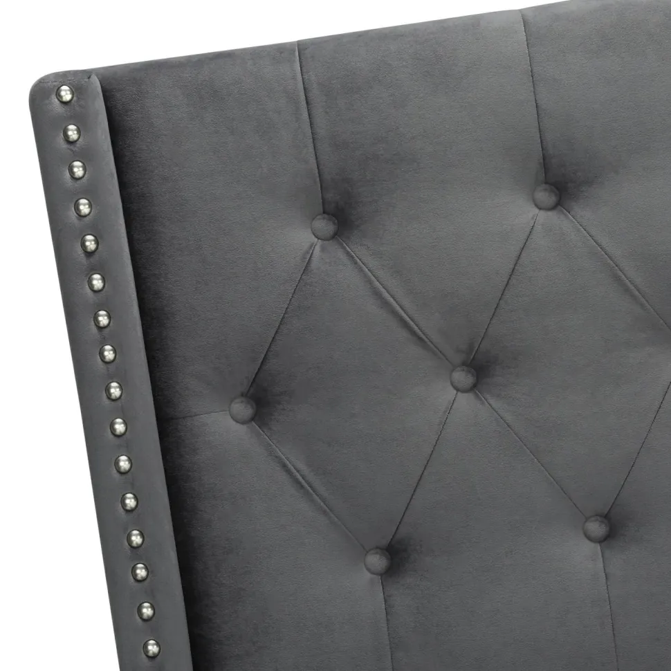 Bed, Queen Size, Bedroom, Frame, Upholstered, Grey Velvet, Chrome Trim, Transitional
