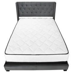 Bed, Queen Size, Bedroom, Frame, Upholstered, Grey Velvet, Chrome Trim, Transitional