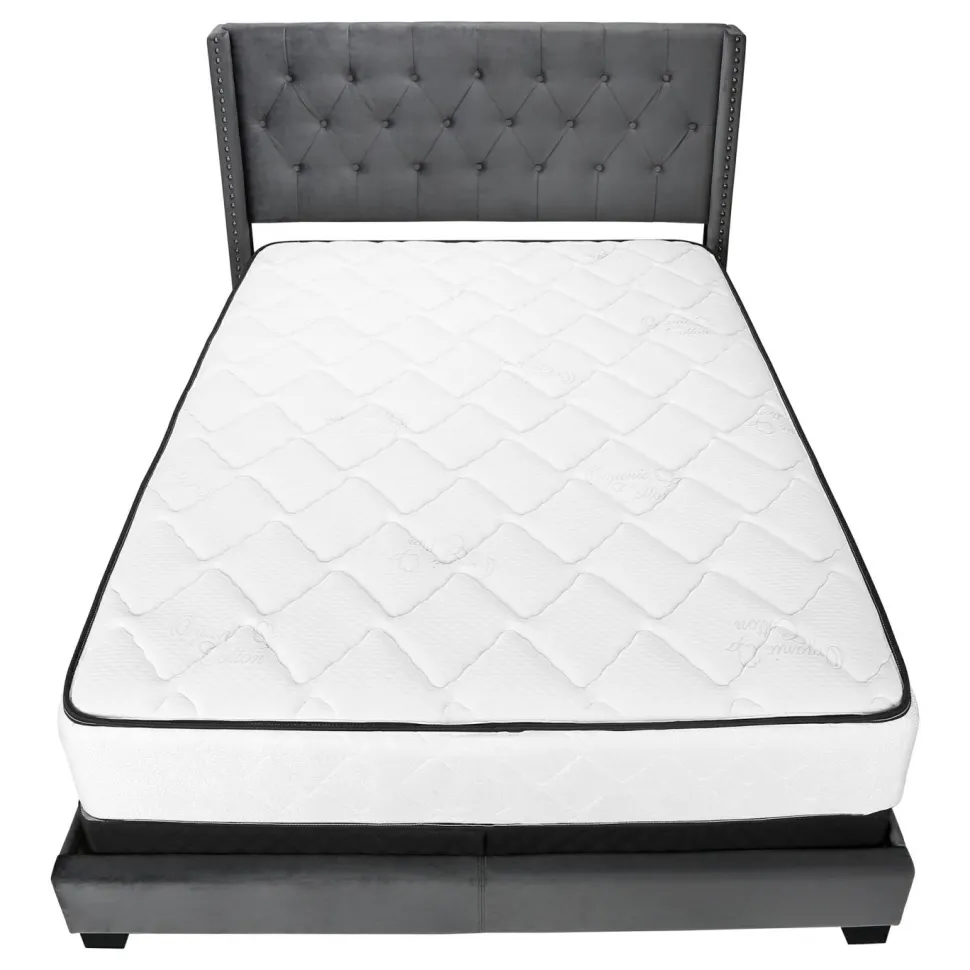 Bed, Queen Size, Bedroom, Frame, Upholstered, Grey Velvet, Chrome Trim, Transitional