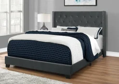 Bed, Queen Size, Bedroom, Frame, Upholstered, Grey Velvet, Chrome Trim, Transitional