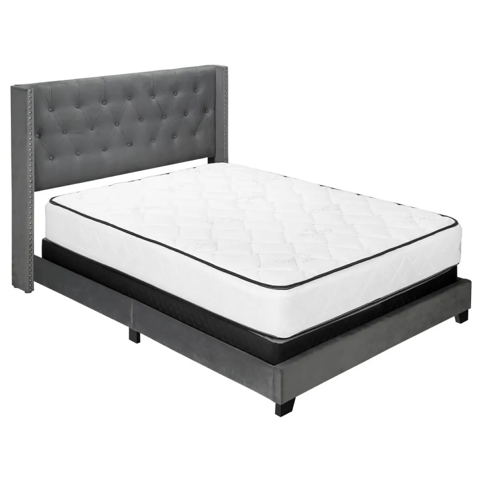 Bed, Queen Size, Bedroom, Frame, Upholstered, Grey Velvet, Chrome Trim, Transitional
