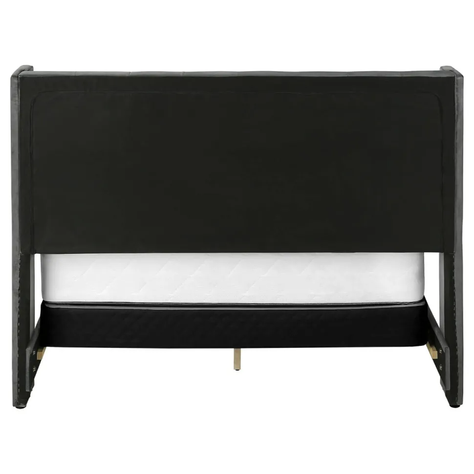 Bed, Queen Size, Bedroom, Frame, Upholstered, Grey Velvet, Chrome Trim, Transitional