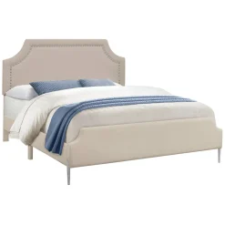 Bed, Queen Size, Bedroom, Frame, Upholstered, Beige Linen Look, Chrome Metal Legs, Transitional