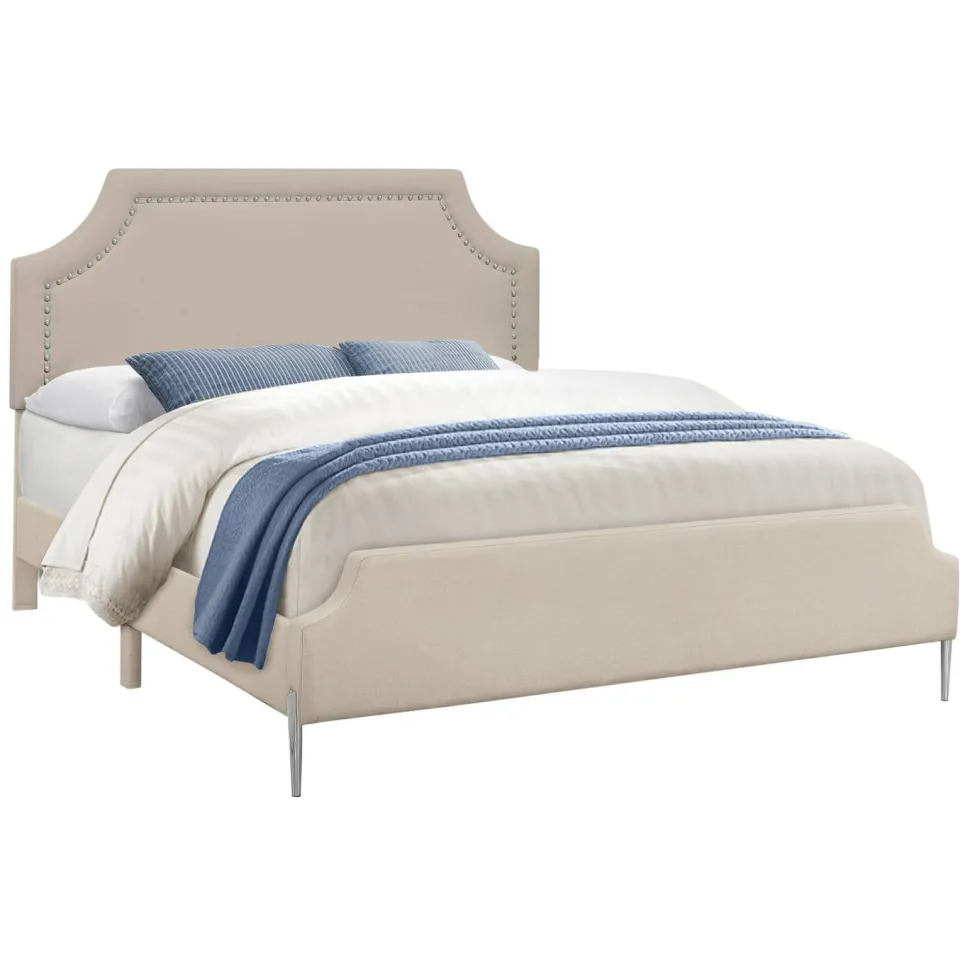 Bed, Queen Size, Bedroom, Frame, Upholstered, Beige Linen Look, Chrome Metal Legs, Transitional