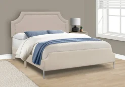Bed, Queen Size, Bedroom, Frame, Upholstered, Beige Linen Look, Chrome Metal Legs, Transitional