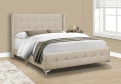 Bed, Queen Size, Bedroom, Frame, Upholstered, Beige Linen Look, Chrome Metal Legs, Transitional