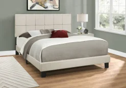Bed, Queen Size, Bedroom, Frame, Upholstered, Beige Linen Look, Black Wood Legs, Transitional