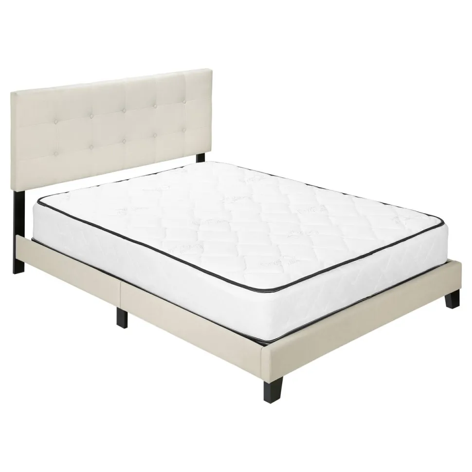 Bed, Queen Size, Bedroom, Frame, Upholstered, Beige Linen Look, Black Wood Legs, Transitional