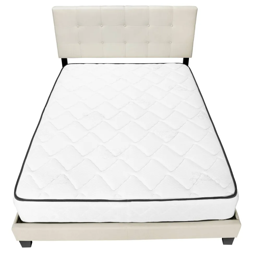 Bed, Queen Size, Bedroom, Frame, Upholstered, Beige Linen Look, Black Wood Legs, Transitional