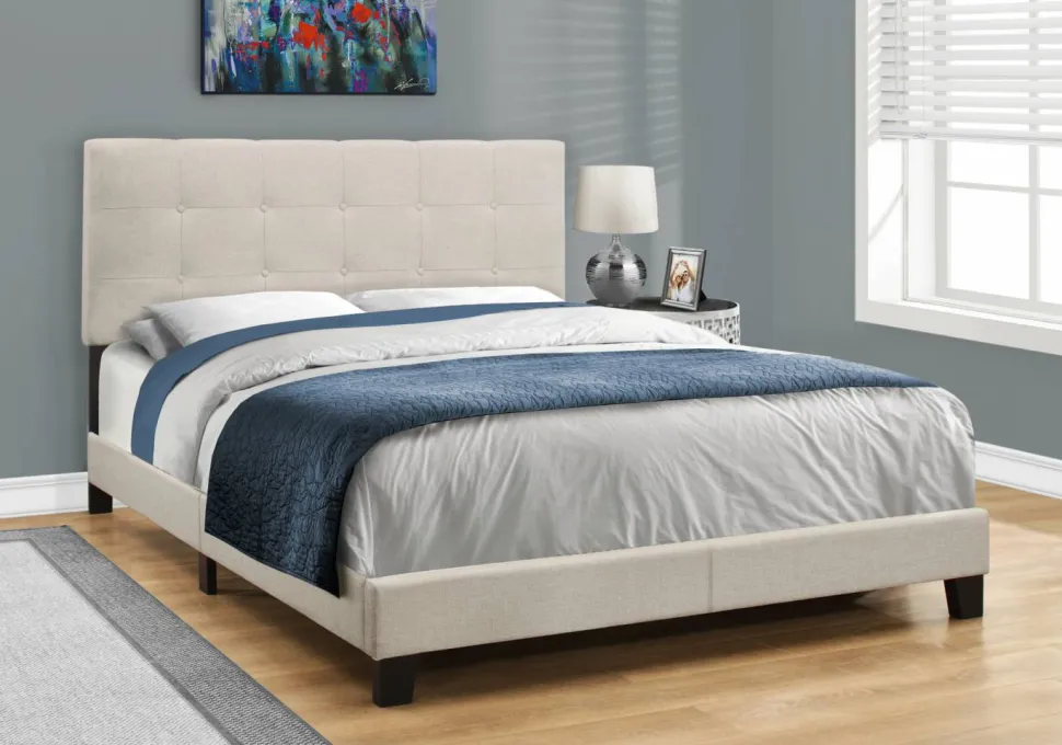 Bed, Queen Size, Bedroom, Frame, Upholstered, Beige Linen Look, Black Wood Legs, Transitional