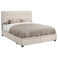 Bed, Queen Size, Bedroom, Frame, Upholstered, Beige Linen Look, Black Wood Legs, Transitional