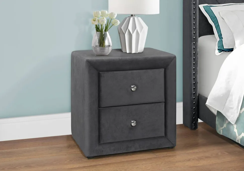 Bedroom Accent, Nightstand, End, Side, Lamp, Storage Drawer, Bedroom, Upholstered, Grey Velvet, Transitional