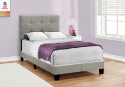 Bed, Twin Size, Teen, Frame, Upholstered, Grey Linen Look, Transitional