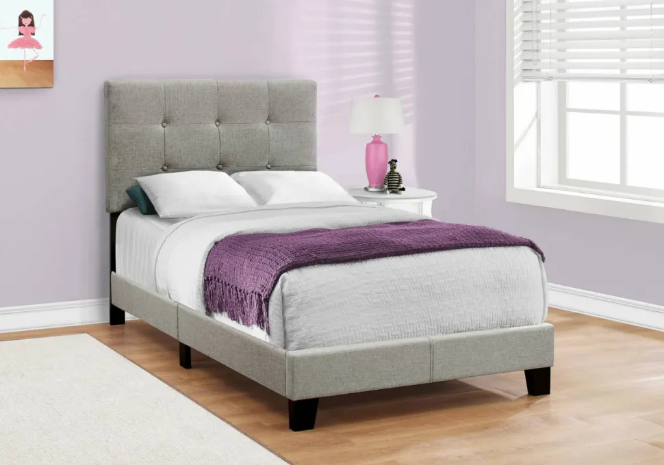 Bed, Twin Size, Teen, Frame, Upholstered, Grey Linen Look, Transitional