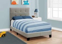 Bed, Twin Size, Teen, Frame, Upholstered, Grey Linen Look, Transitional