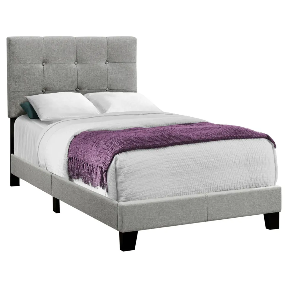 Bed, Twin Size, Teen, Frame, Upholstered, Grey Linen Look, Transitional