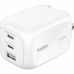 Belkin 100W GaN 3-Port USB Wall Charger - 1xUSB-A, 2xUSB-C - Foldable Prongs - Power Adapter - White