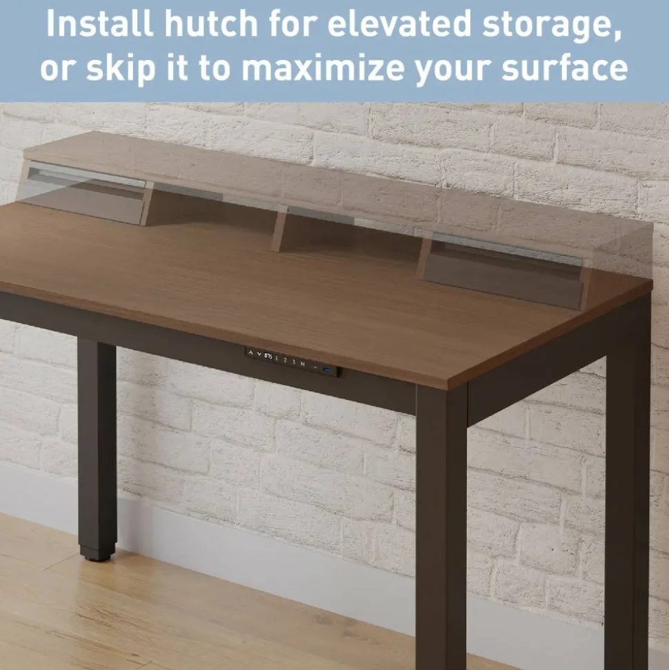 Bellano 48"W 4-Leg Electric Height-Adjustable Standing Desk with Hutch, Walnut/Black, BIFMA Compliant