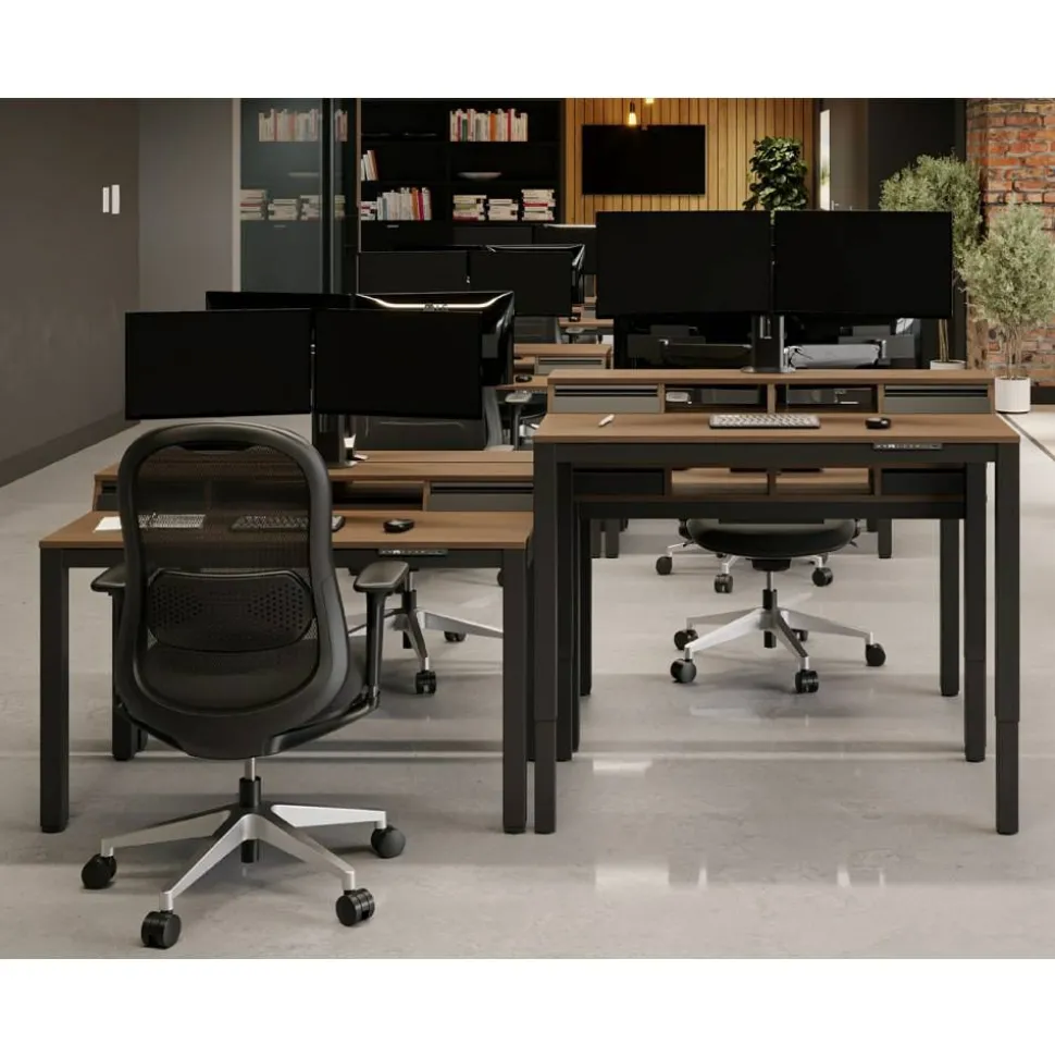 Bellano 48"W 4-Leg Electric Height-Adjustable Standing Desk with Hutch, Walnut/Black, BIFMA Compliant