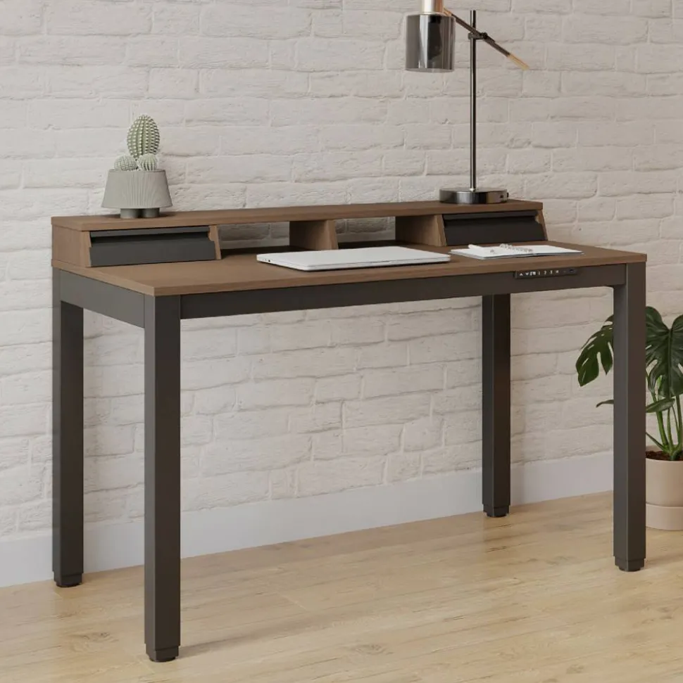 Bellano 48"W 4-Leg Electric Height-Adjustable Standing Desk with Hutch, Walnut/Black, BIFMA Compliant