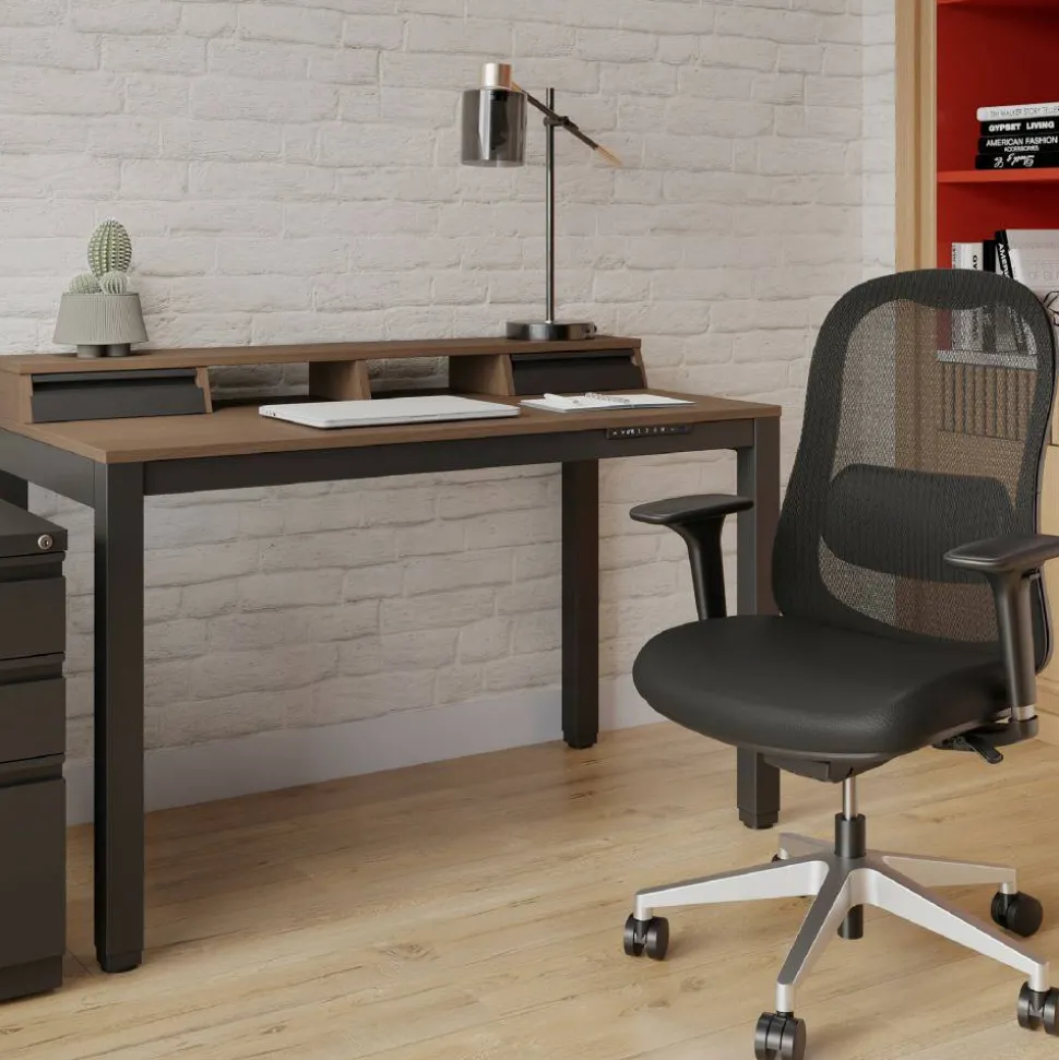 Bellano 48"W 4-Leg Electric Height-Adjustable Standing Desk with Hutch, Walnut/Black, BIFMA Compliant