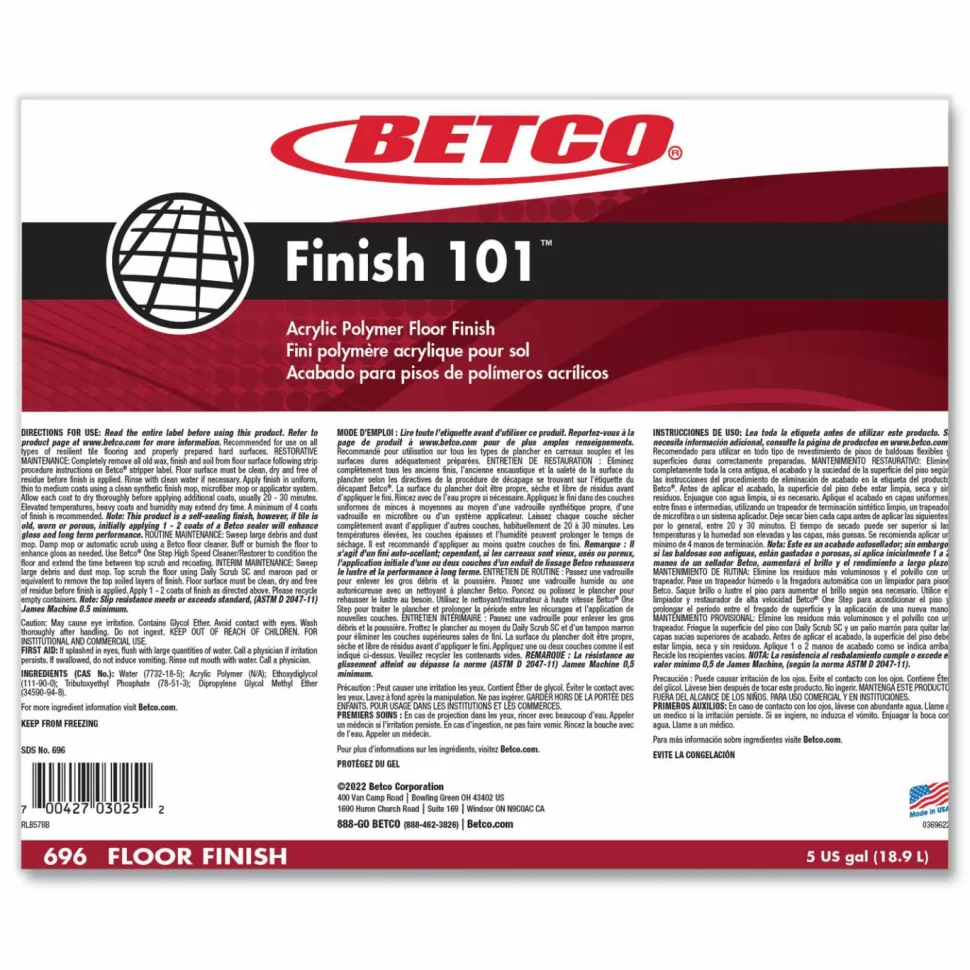 Betco Finish 101 Floor Finish, 5 gal Bag-in-Box