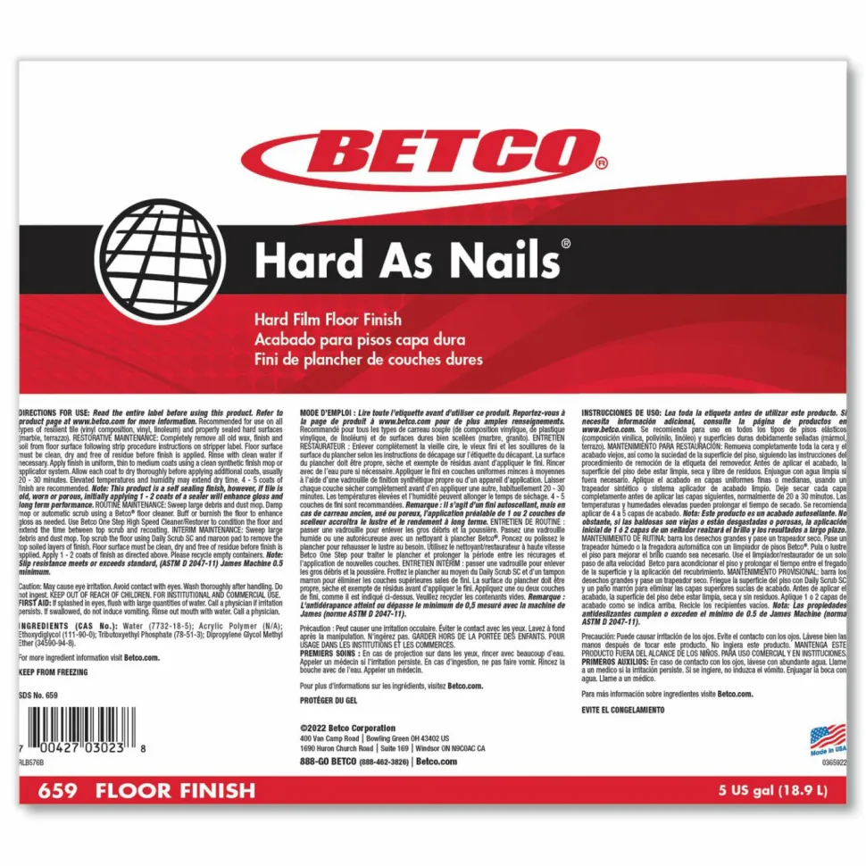 Betco Hard as Nails Floor Finish, 5 gal Bag-in-Box