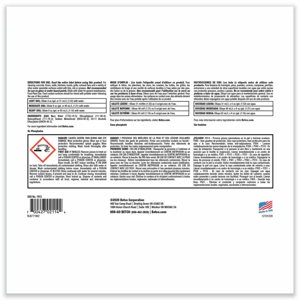 Betco Kitchen Degreaser, 1 gal Bottle, 4/Carton