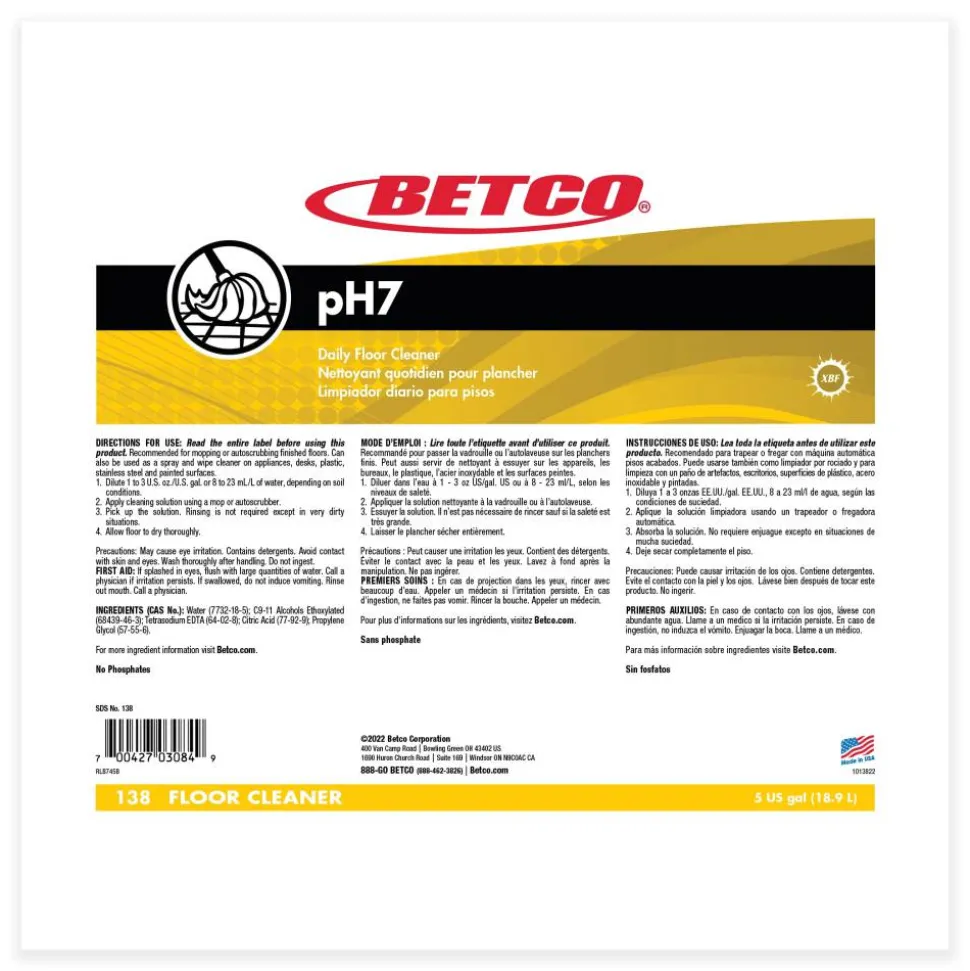Betco pH7 Floor Cleaner, Lemon Scent, 5 gal Bag-in-Box