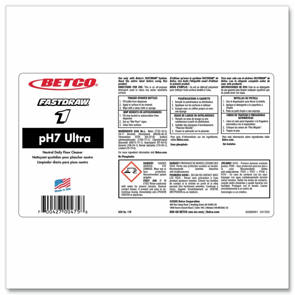 Betco pH7 Ultra Neutral FastDraw Cleaner, Lemon Scent, 2 L Bottle, 4/Carton