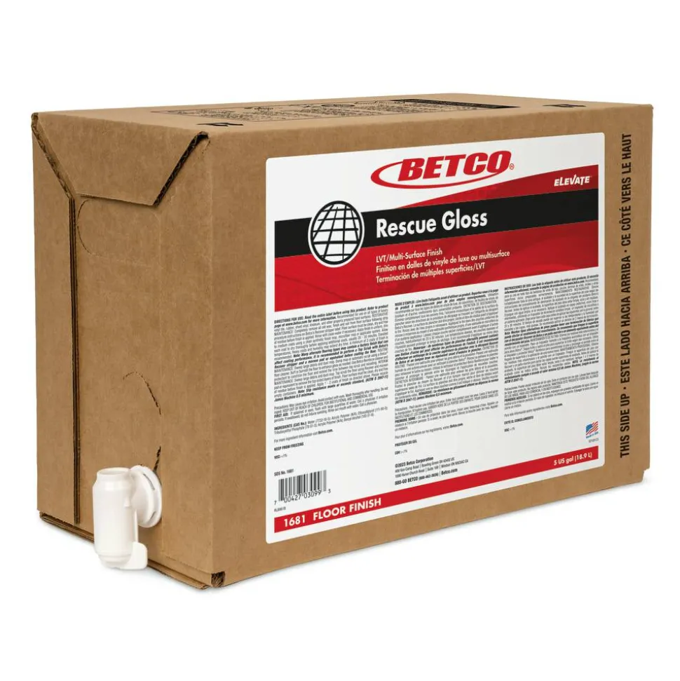 Betco Rescue Gloss Multi-Surface Floor Finish, Unscented, 5 Gallon, Clear