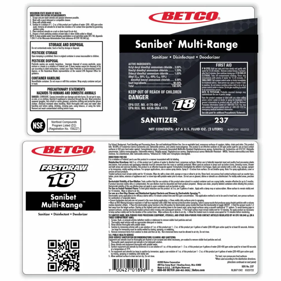 Betco Symplicity Sanibet Multi-Range Sanitizer, 67.6 Oz Bottle, Case Of 4