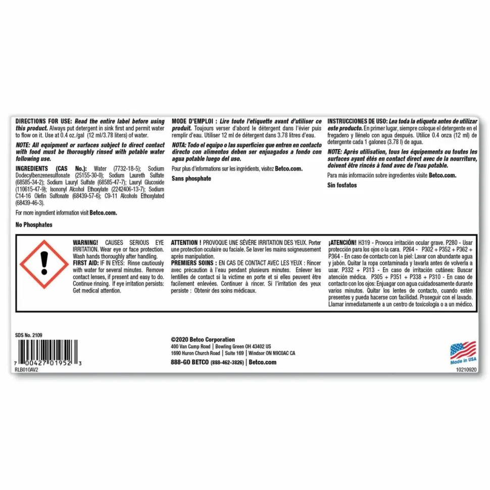 Betco Symplicty Citrusuds Manual Dishwashing Detergent, Lemon Scent, 1 gal Bottle, 4/Carton