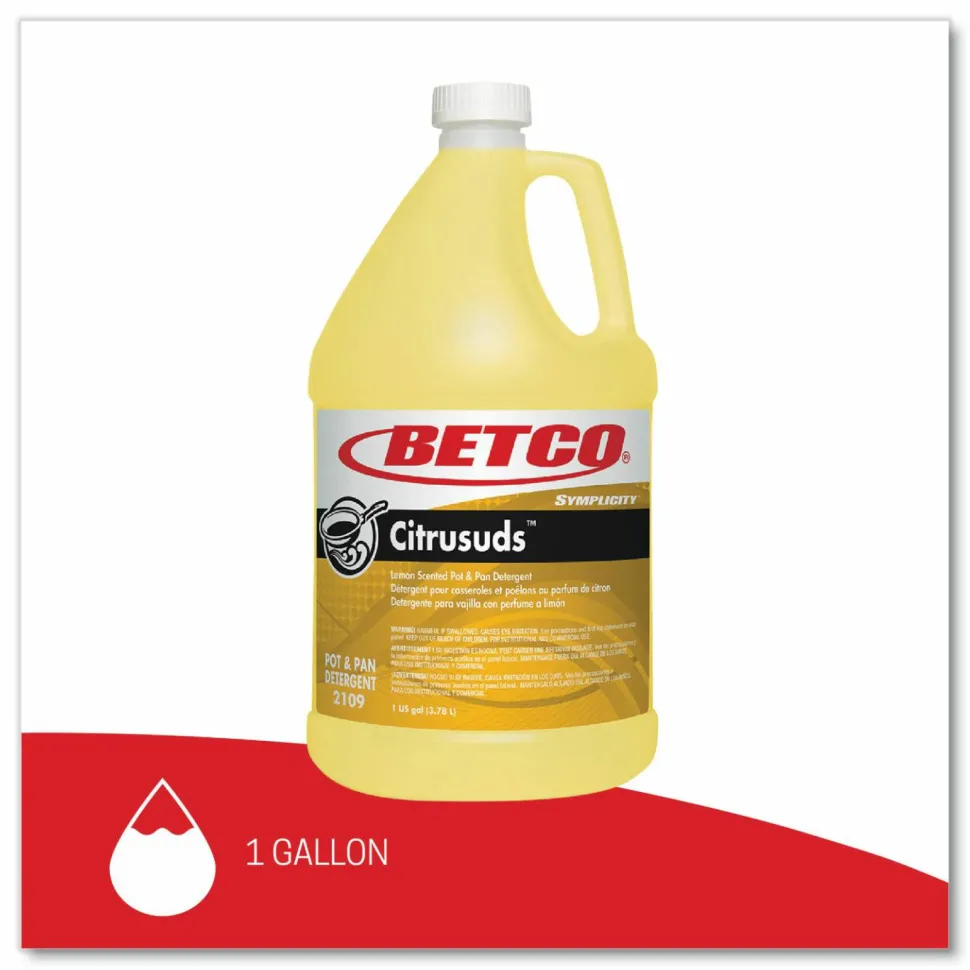 Betco Symplicty Citrusuds Manual Dishwashing Detergent, Lemon Scent, 1 gal Bottle, 4/Carton