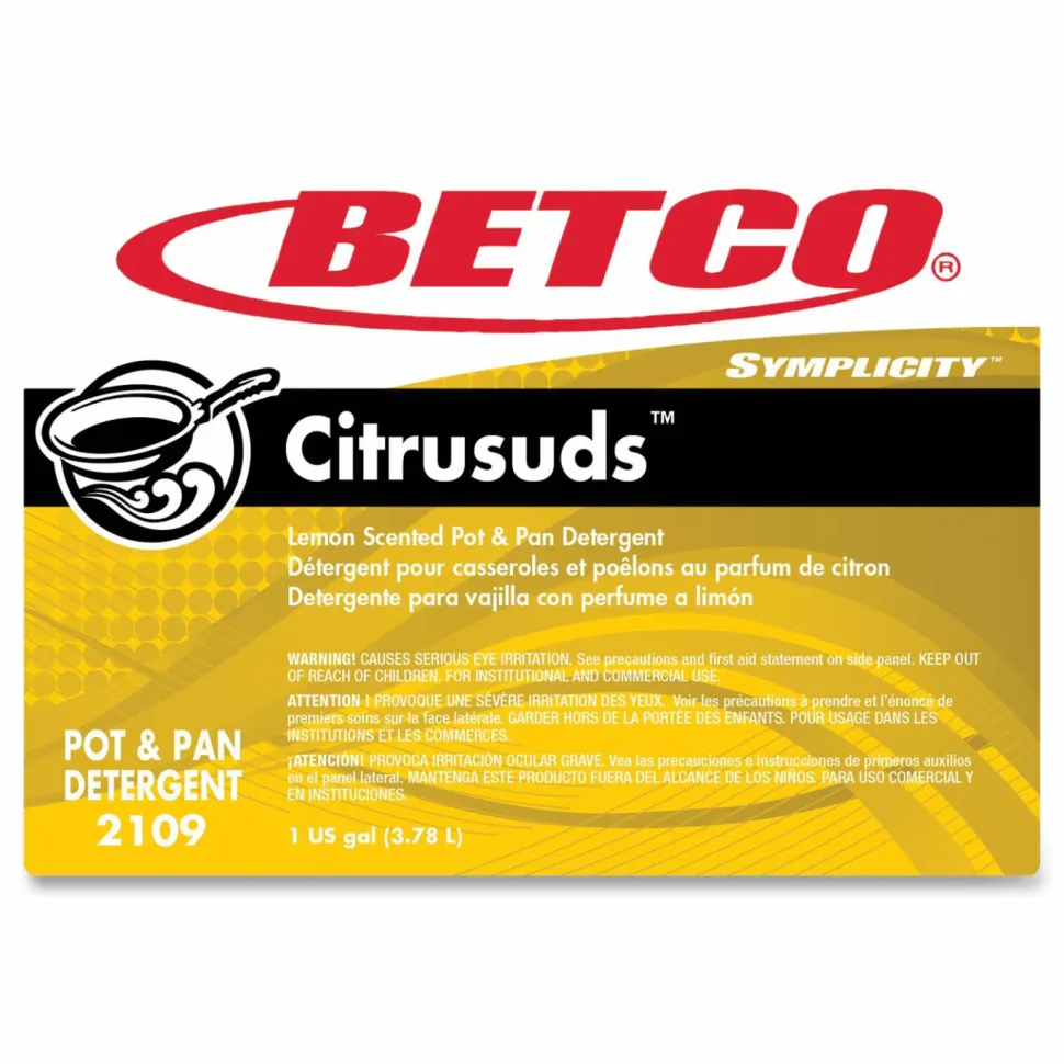 Betco Symplicty Citrusuds Manual Dishwashing Detergent, Lemon Scent, 1 gal Bottle, 4/Carton