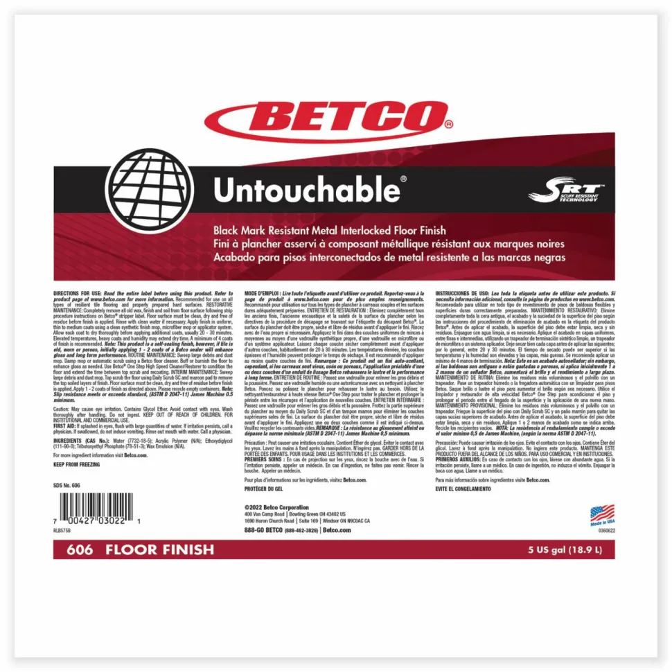 Betco Untouchable Floor Finish with SRT, 5 gal Bag-in-Box