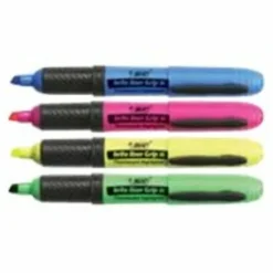 BIC Brite Liner Grip Highlighters, Chisel Tip, Assorted Colors, Pack Of 4 Highlighters