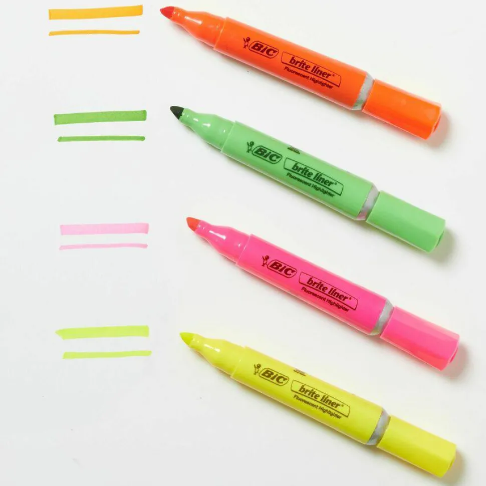 BIC Brite Liner Grip Highlighters, Chisel Tip, Assorted Colors, Pack Of 4 Highlighters