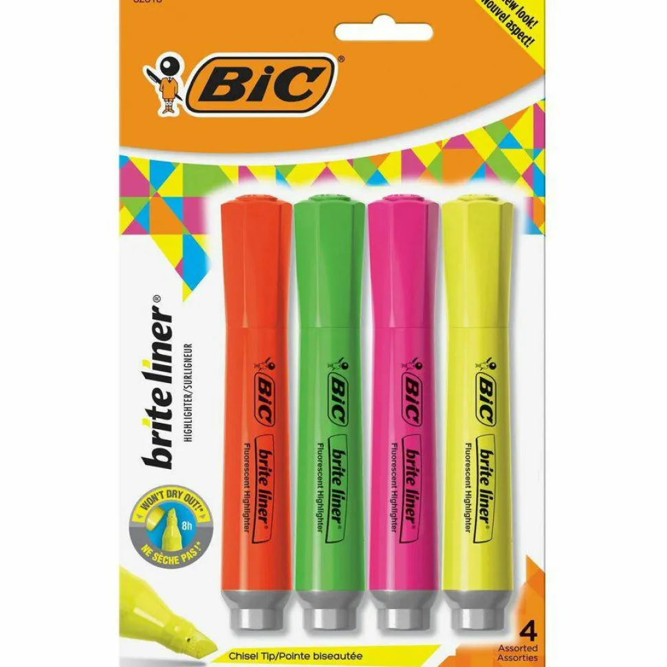 BIC Brite Liner Grip Highlighters, Chisel Tip, Assorted Colors, Pack Of 4 Highlighters