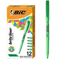 BIC Brite Liner Highlighters, Pocket Style, Chisel Tip, Green, Box Of 12