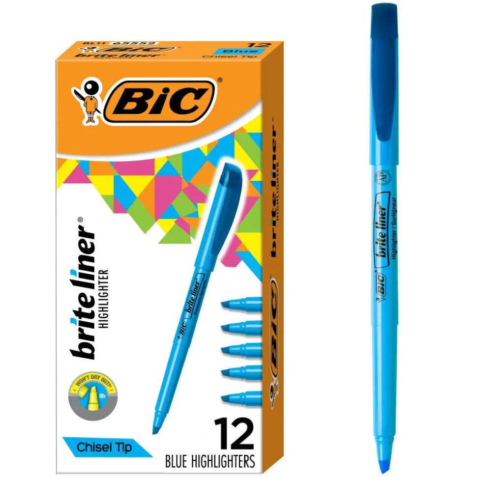 BIC Brite Liner Highlighters, Chisel Tip, Blue, Box Of 12