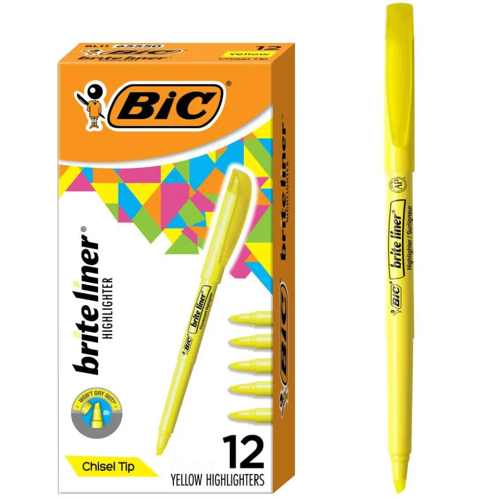 BIC Brite Liner Highlighters, Chisel Tip, Yellow, Box Of 12